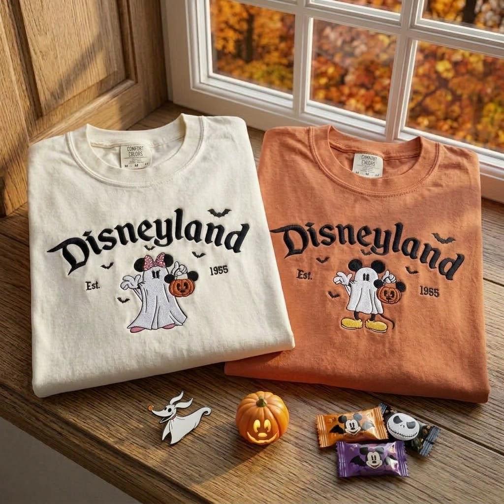 Embroidered Disneyland Halloween Comfort Colors T-Shirt with Mickey and Minnie Ghost Sweatshirt for Spooky Disney Park Vacation Outfit