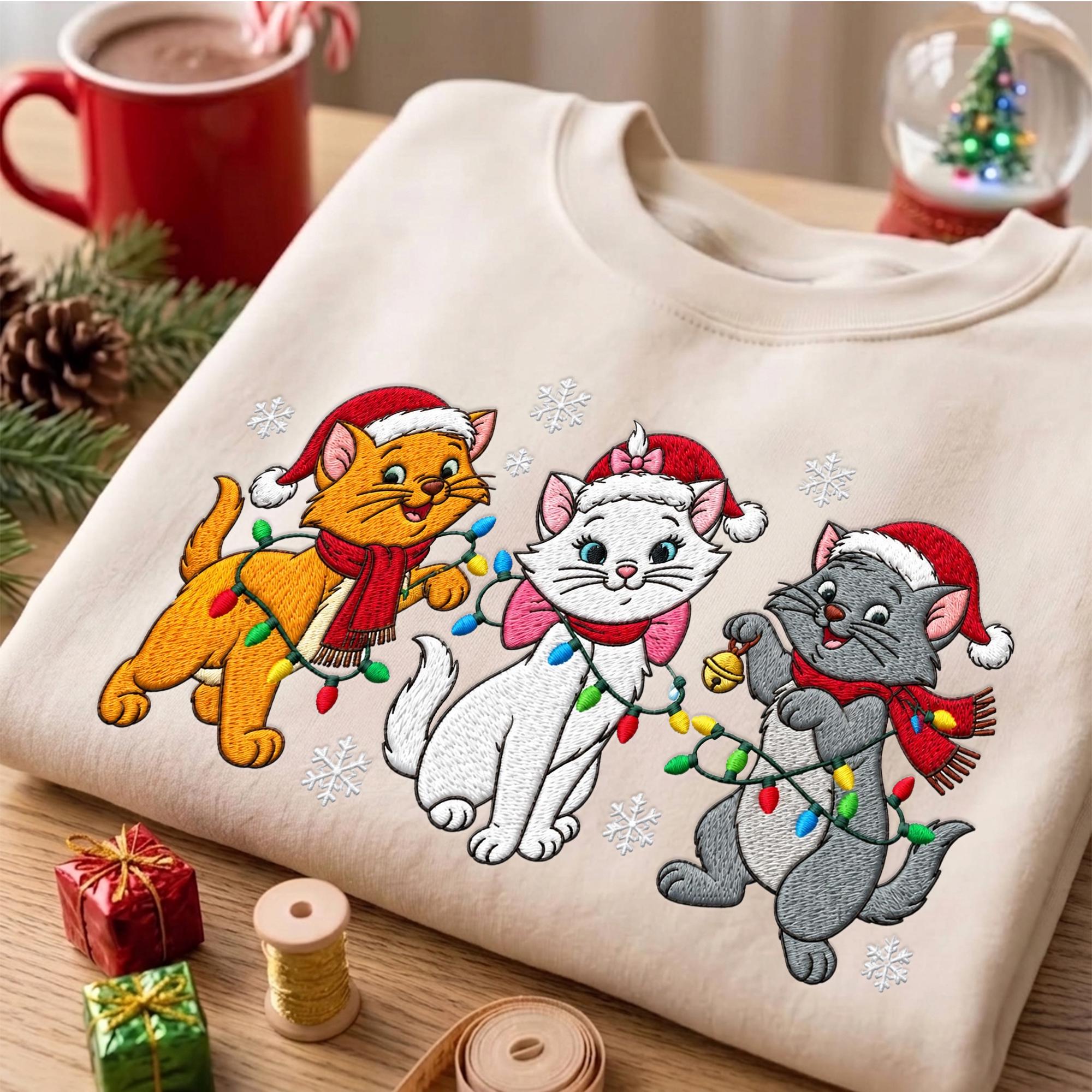 Embroidered Aristocats Christmas Sweatshirt with Disney Cat Mom Hoodie – Family Matching Xmas Quarter Zip for Son Daughter Cat Lover Gift