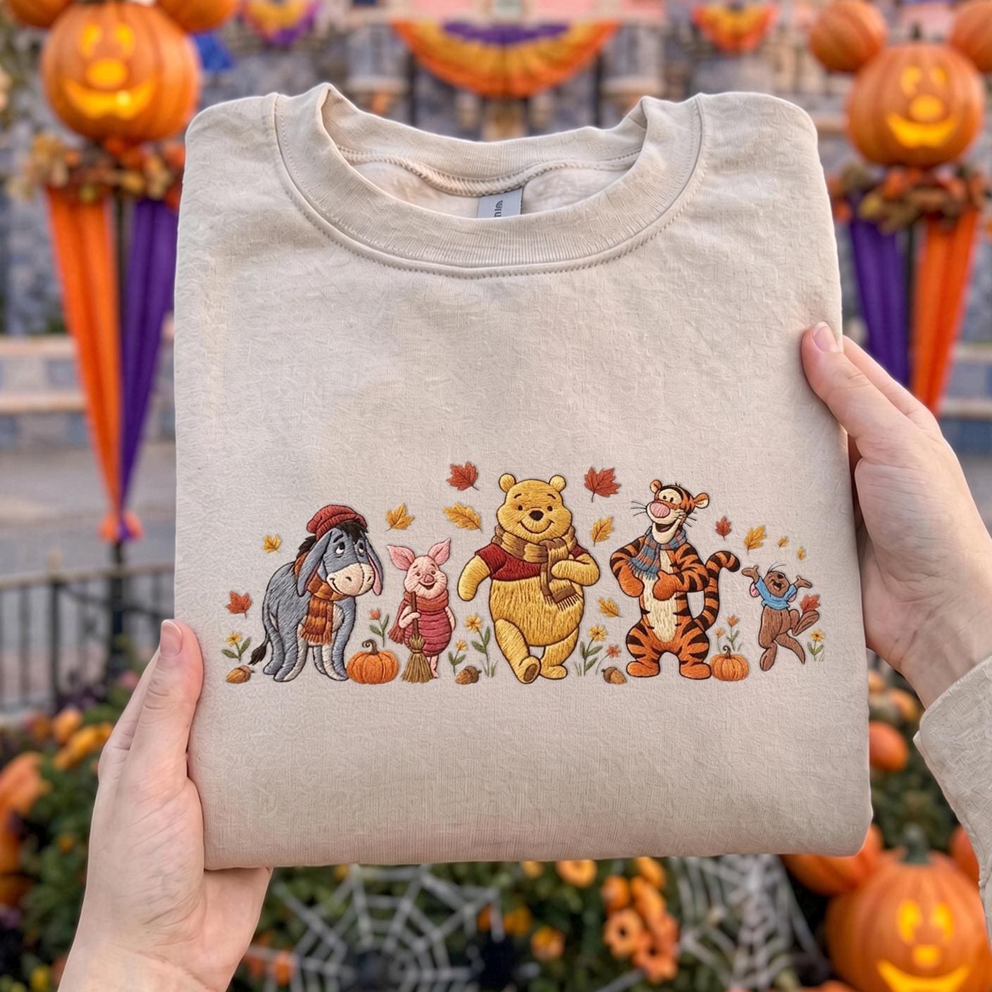 Embroidered Winnie the Pooh Halloween Pumpkin Crewneck Sweatshirt with Piglet Tigger and Eeyore – Cozy Spooky Autumn Fall T-Shirt