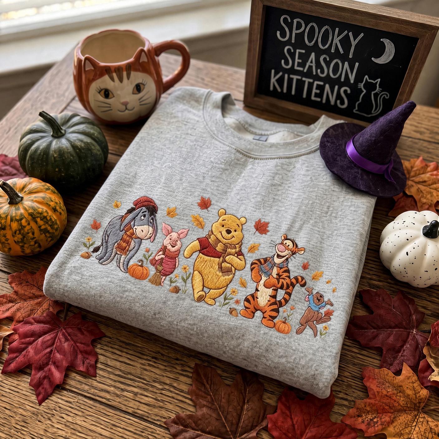 Embroidered Winnie the Pooh Halloween Pumpkin Crewneck Sweatshirt with Piglet Tigger and Eeyore – Cozy Spooky Autumn Fall T-Shirt - photo 2