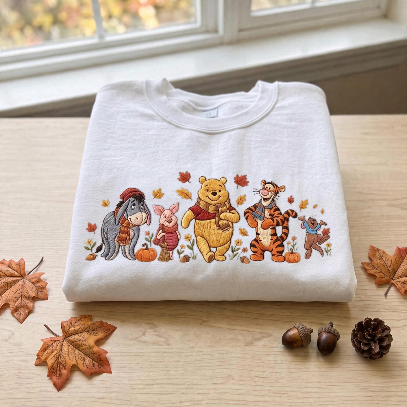 Embroidered Winnie the Pooh Halloween Pumpkin Crewneck Sweatshirt with Piglet Tigger and Eeyore – Cozy Spooky Autumn Fall T-Shirt - photo 3