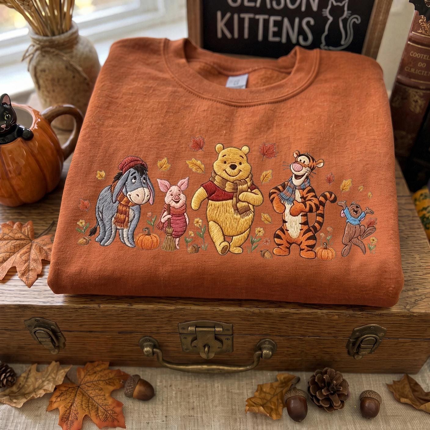 Embroidered Winnie the Pooh Halloween Pumpkin Crewneck Sweatshirt with Piglet Tigger and Eeyore – Cozy Spooky Autumn Fall T-Shirt - photo 4
