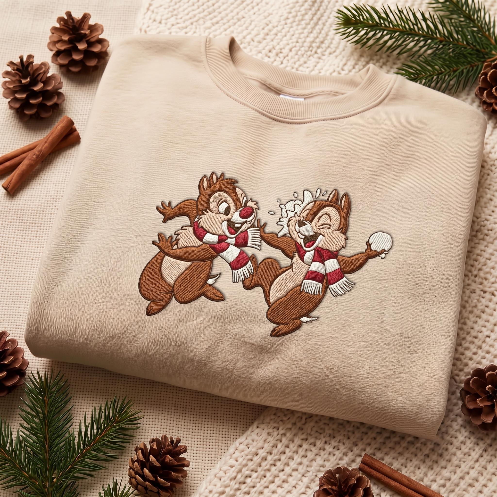 Embroidered Chip and Dale Disney Christmas Sweatshirt with Holiday Christmas Lights Crewneck Sweater Tee for Disneyland Matching