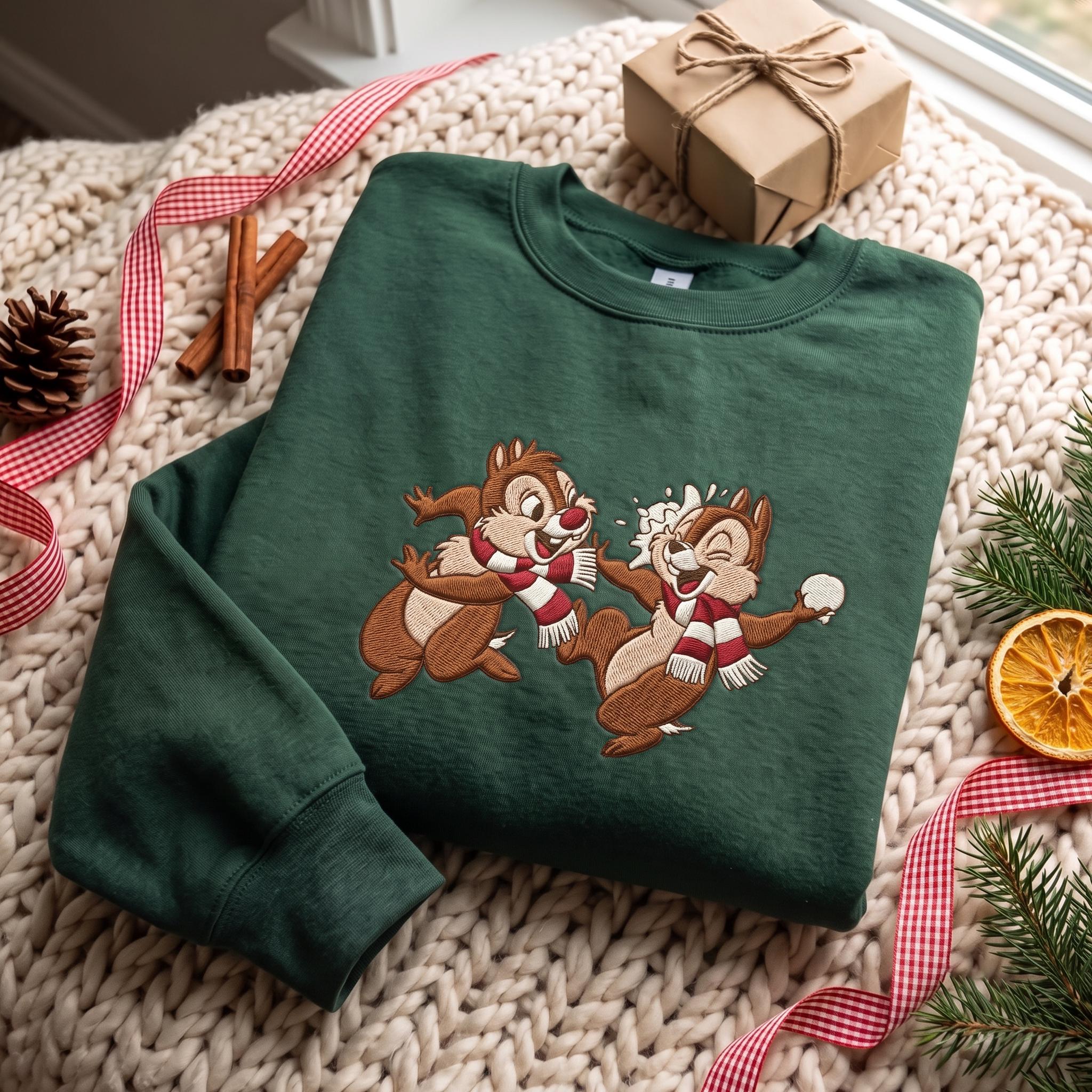 Embroidered Chip and Dale Disney Christmas Sweatshirt with Holiday Christmas Lights Crewneck Sweater Tee for Disneyland Matching - photo 2