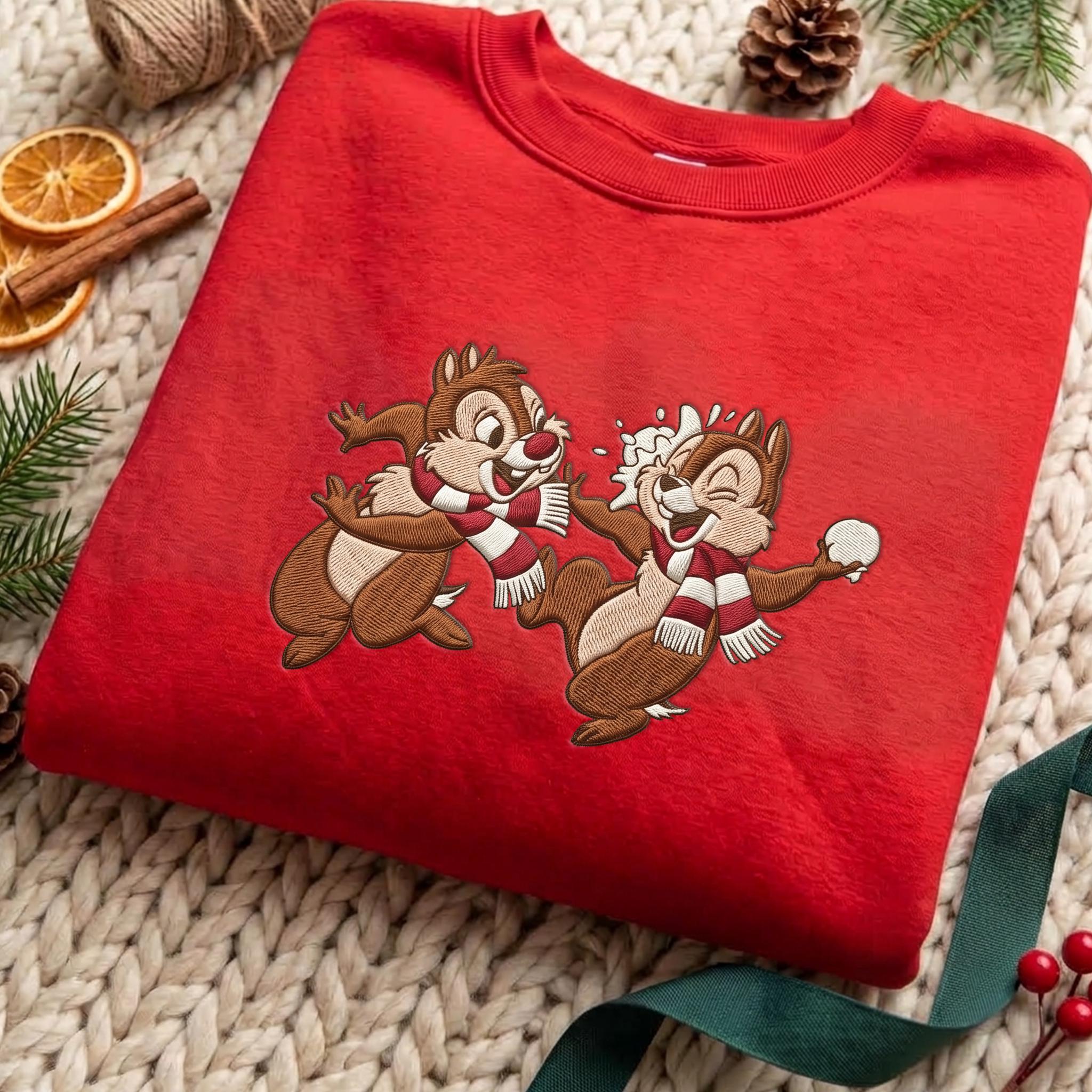 Embroidered Chip and Dale Disney Christmas Sweatshirt with Holiday Christmas Lights Crewneck Sweater Tee for Disneyland Matching - photo 3