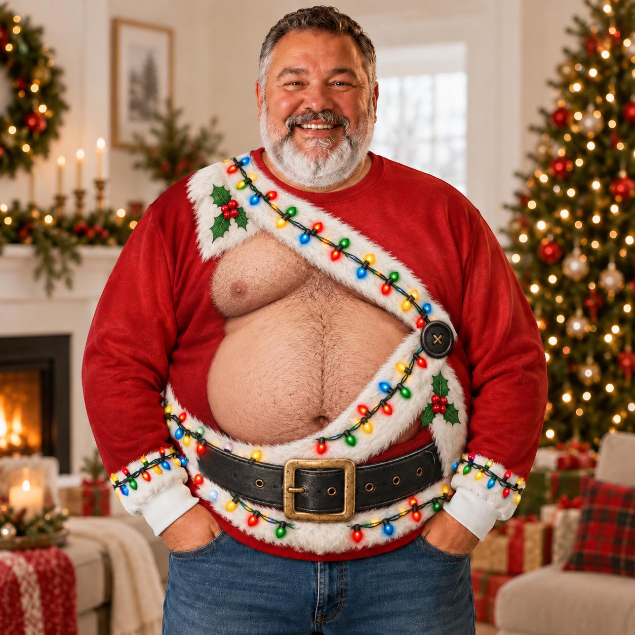 Funny Santa Body Fake Belly and Six Pack Printed Crewneck Christmas Sweater – Ugly Xmas Party Sweatshirt White Elephant Gag Gift for Men - photo 2