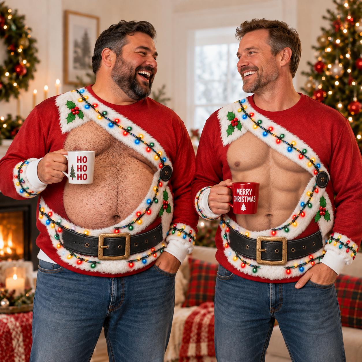 Funny Santa Body Fake Belly and Six Pack Printed Crewneck Christmas Sweater – Ugly Xmas Party Sweatshirt White Elephant Gag Gift for Men - photo 5