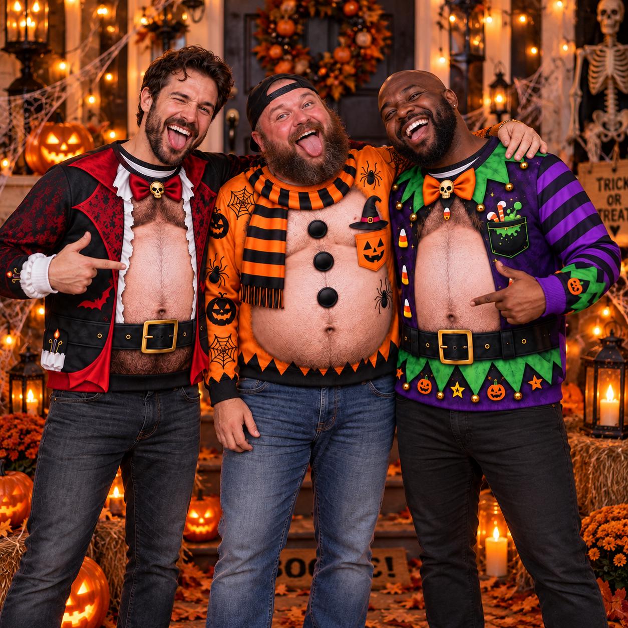 Funny Spooky Fake Body Halloween Sweater for Men – Vampire, Pumpkin, and Monster Printed Crewneck Ugly Sweatshirt Gag Gift