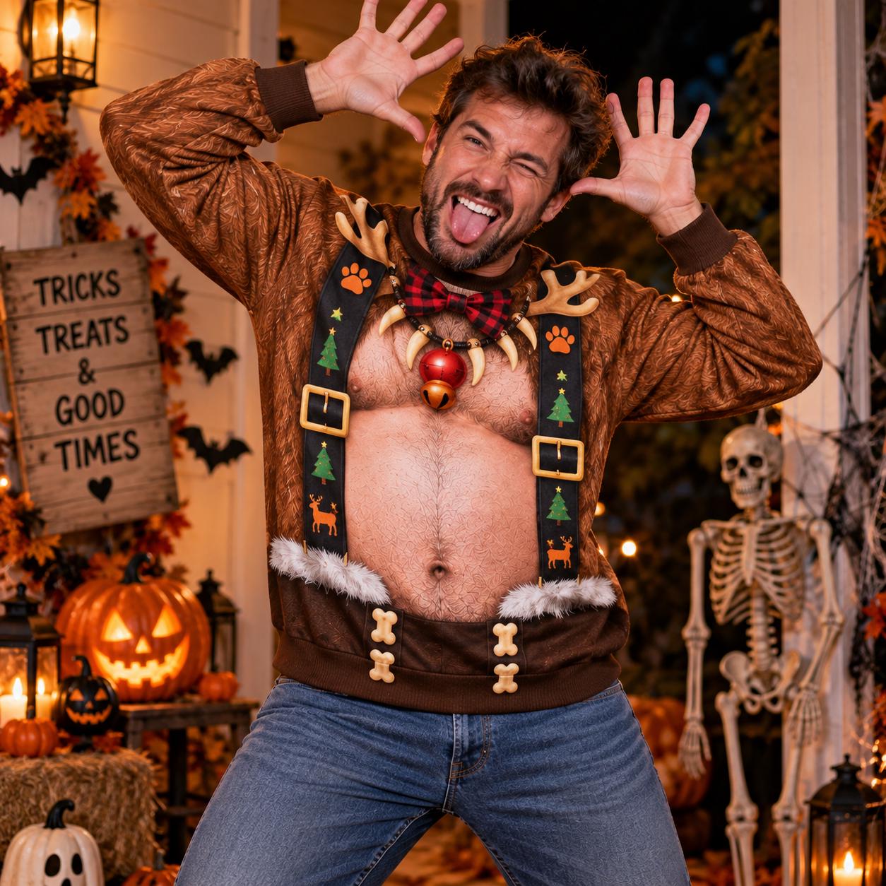 Funny Spooky Fake Body Halloween Sweater for Men – Vampire, Pumpkin, and Monster Printed Crewneck Ugly Sweatshirt Gag Gift - photo 2