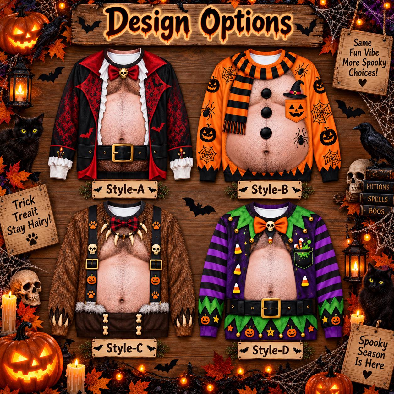 Funny Spooky Fake Body Halloween Sweater for Men – Vampire, Pumpkin, and Monster Printed Crewneck Ugly Sweatshirt Gag Gift - photo 3