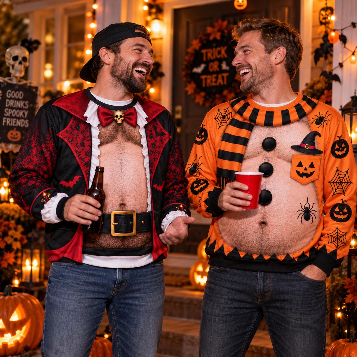 Funny Spooky Fake Body Halloween Sweater for Men – Vampire, Pumpkin, and Monster Printed Crewneck Ugly Sweatshirt Gag Gift - photo 8