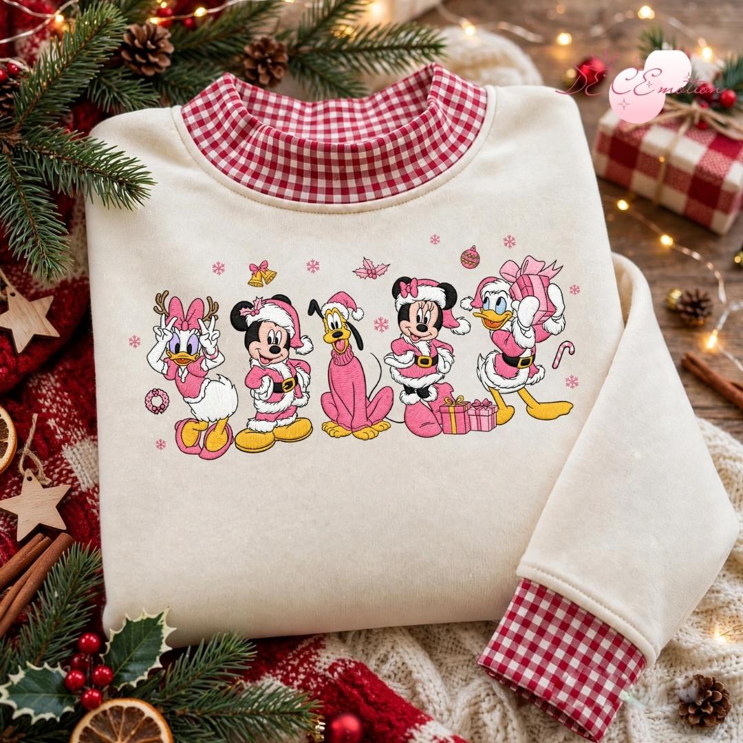 Embroidered Disney Christmas Gingham Mockneck Sweatshirt with Mickey and Friends Santa Pink Holiday Trip Lace Trim Tank Top