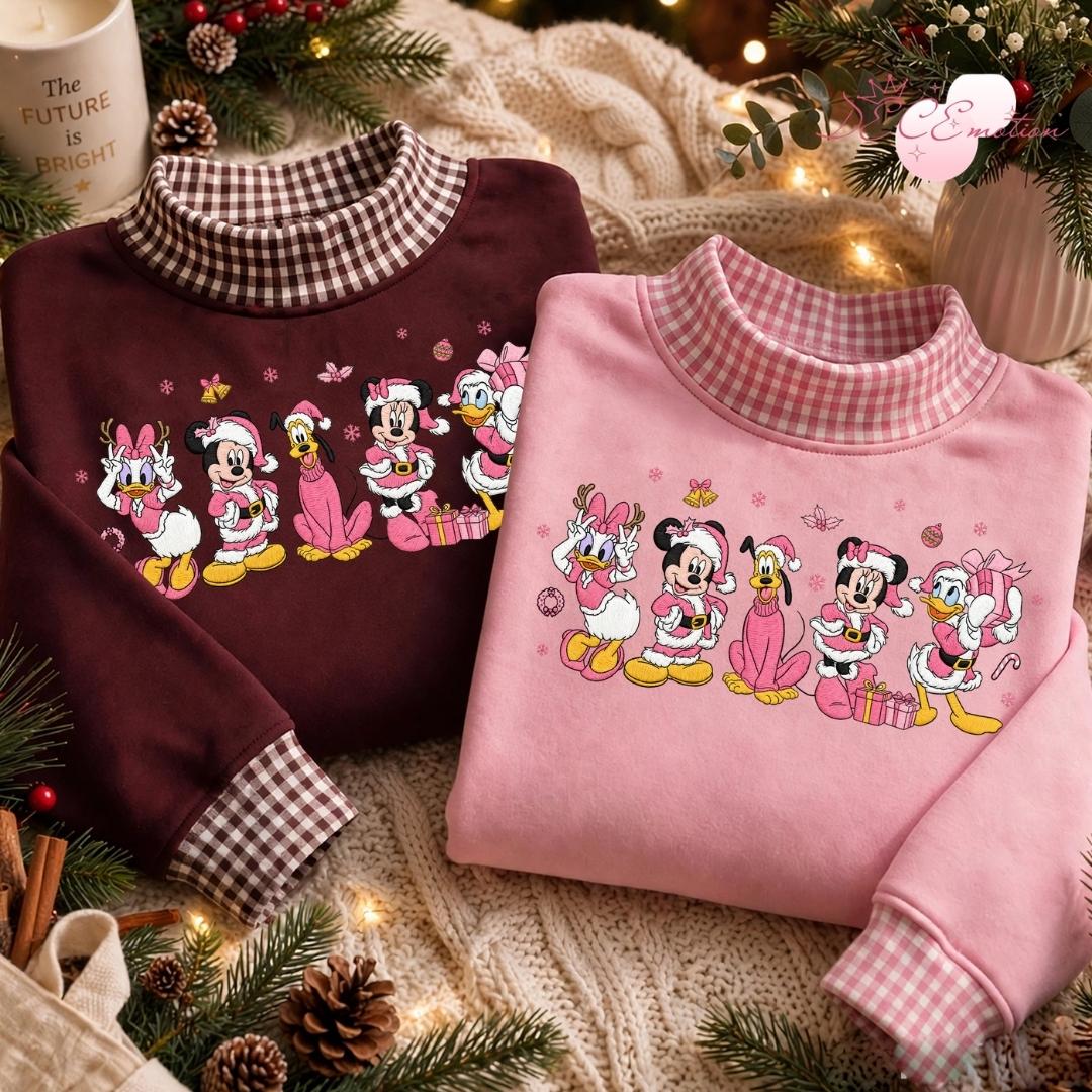 Embroidered Disney Christmas Gingham Mockneck Sweatshirt with Mickey and Friends Santa Pink Holiday Trip Lace Trim Tank Top - photo 2