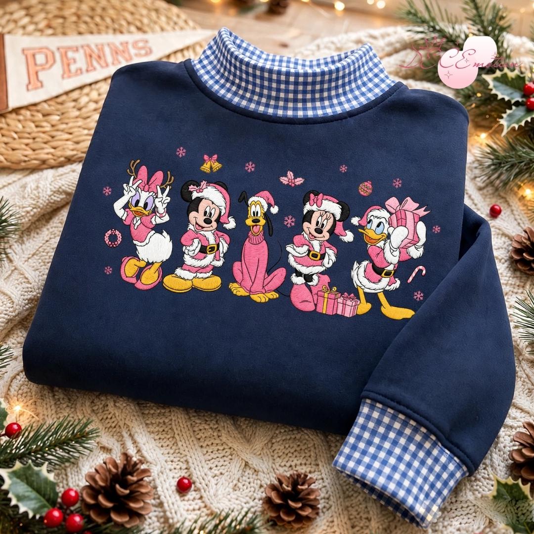 Embroidered Disney Christmas Gingham Mockneck Sweatshirt with Mickey and Friends Santa Pink Holiday Trip Lace Trim Tank Top - photo 5