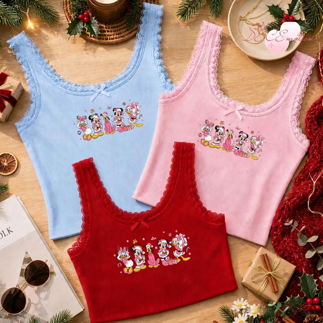 Embroidered Disney Christmas Gingham Mockneck Sweatshirt with Mickey and Friends Santa Pink Holiday Trip Lace Trim Tank Top - photo 6