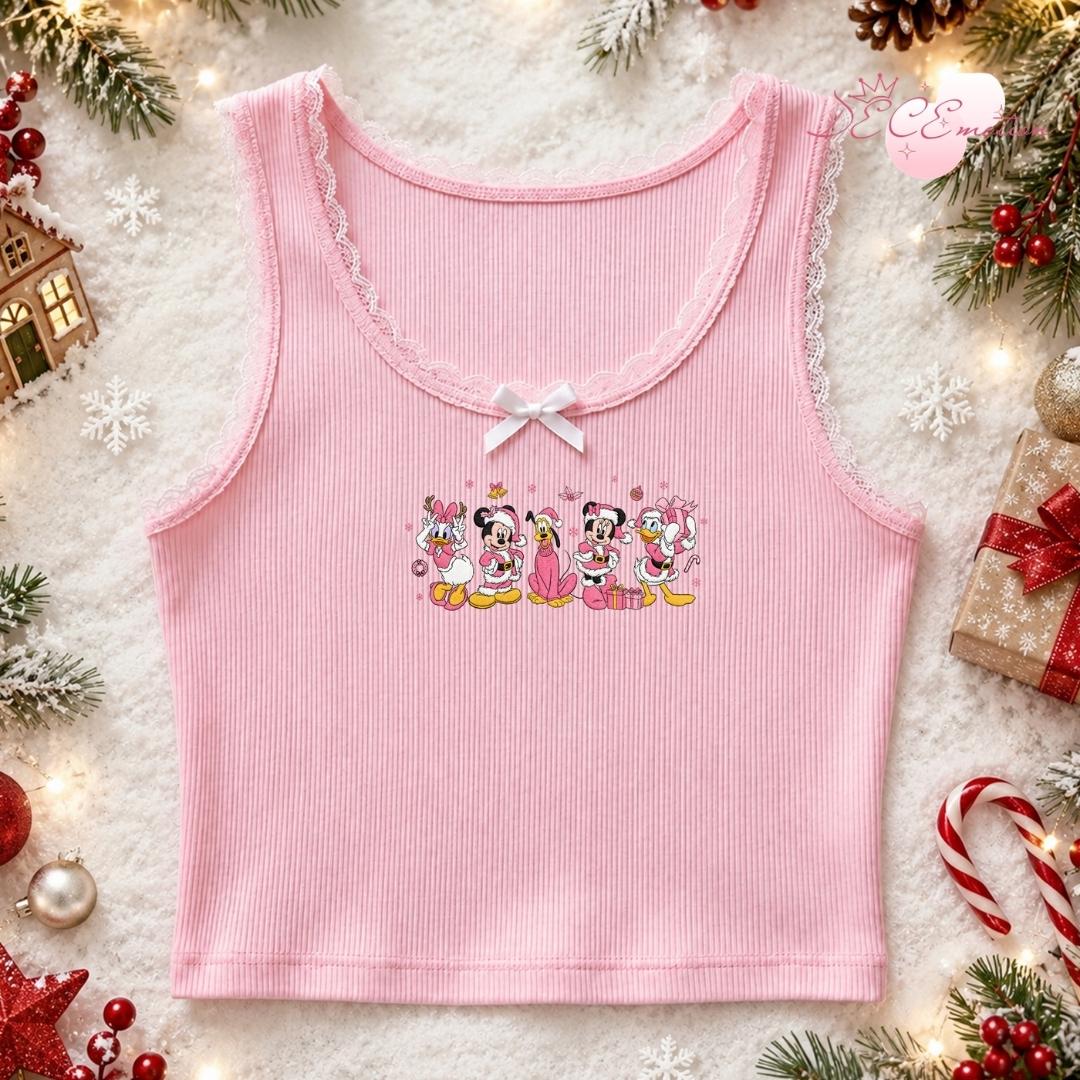 Embroidered Disney Christmas Gingham Mockneck Sweatshirt with Mickey and Friends Santa Pink Holiday Trip Lace Trim Tank Top - photo 8
