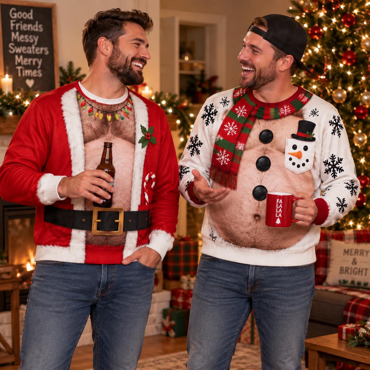 Funny Fake Body Christmas Sweater for Men – Ugly Xmas Party Sweatshirt Printed Crewneck with Santa, Snowman, Reindeer, and Elf Gag Gift