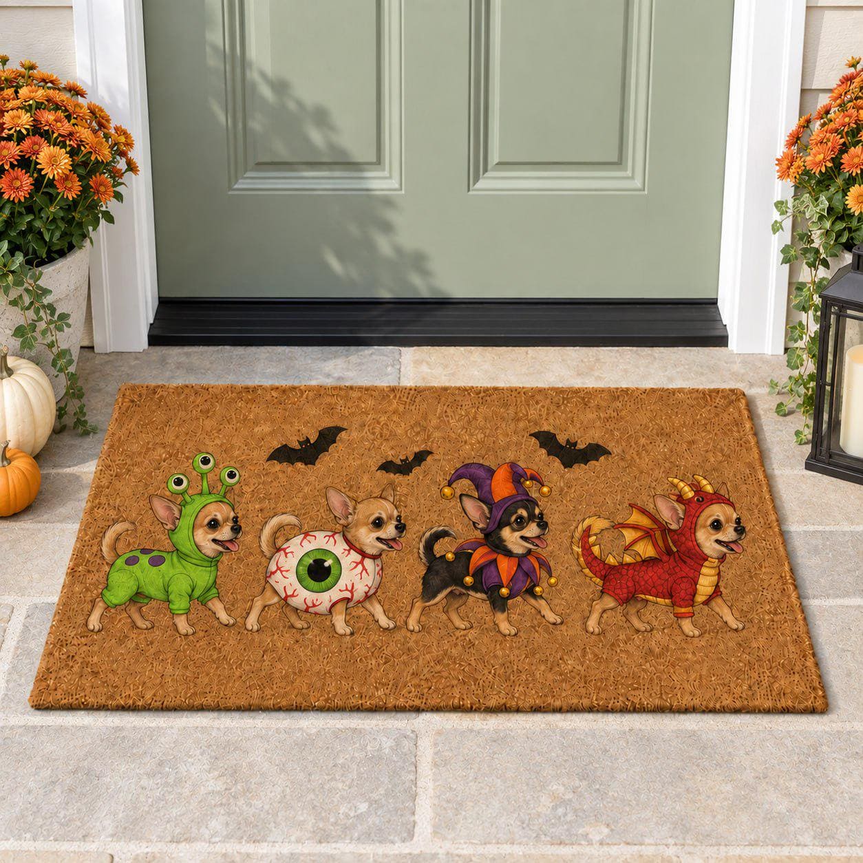Funny Chihuahua Costume Coir Doormat for Halloween – Dog Welcome Mat with Alien, Eyeball, Jester, and Dragon Porch Decor for Dog Lover Gift