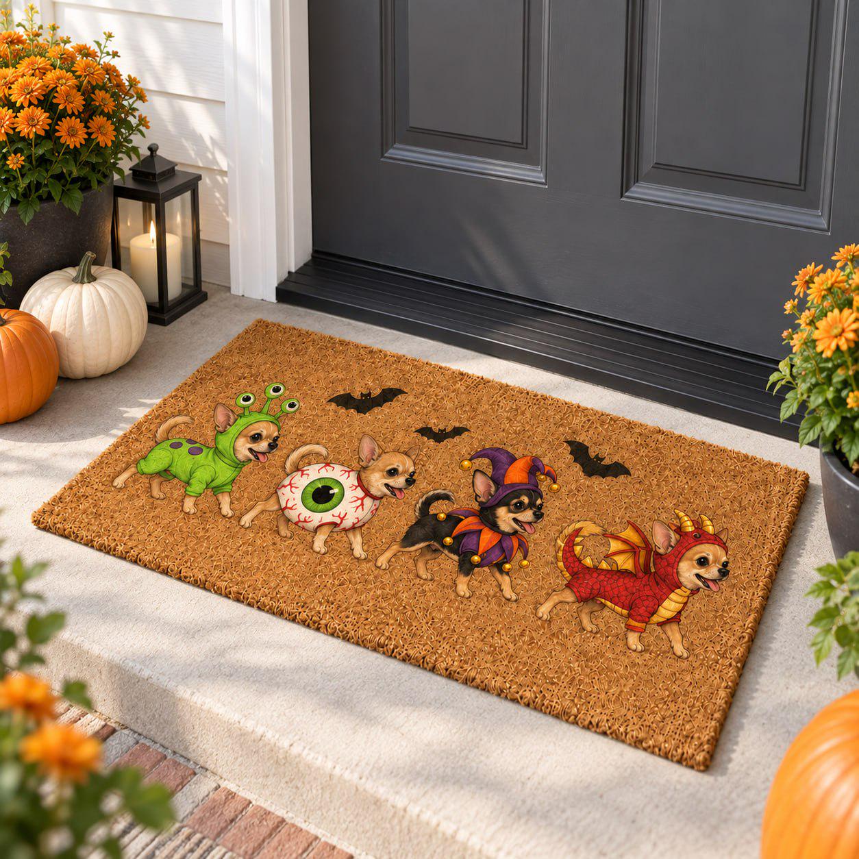 Funny Chihuahua Costume Coir Doormat for Halloween – Dog Welcome Mat with Alien, Eyeball, Jester, and Dragon Porch Decor for Dog Lover Gift - photo 2