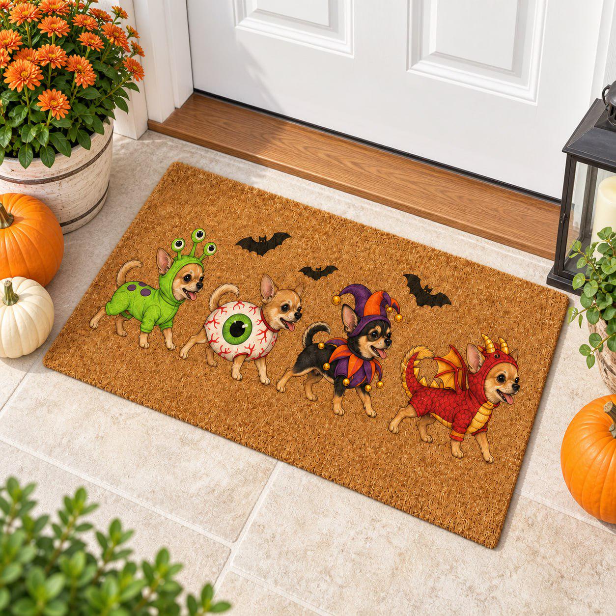 Funny Chihuahua Costume Coir Doormat for Halloween – Dog Welcome Mat with Alien, Eyeball, Jester, and Dragon Porch Decor for Dog Lover Gift - photo 4