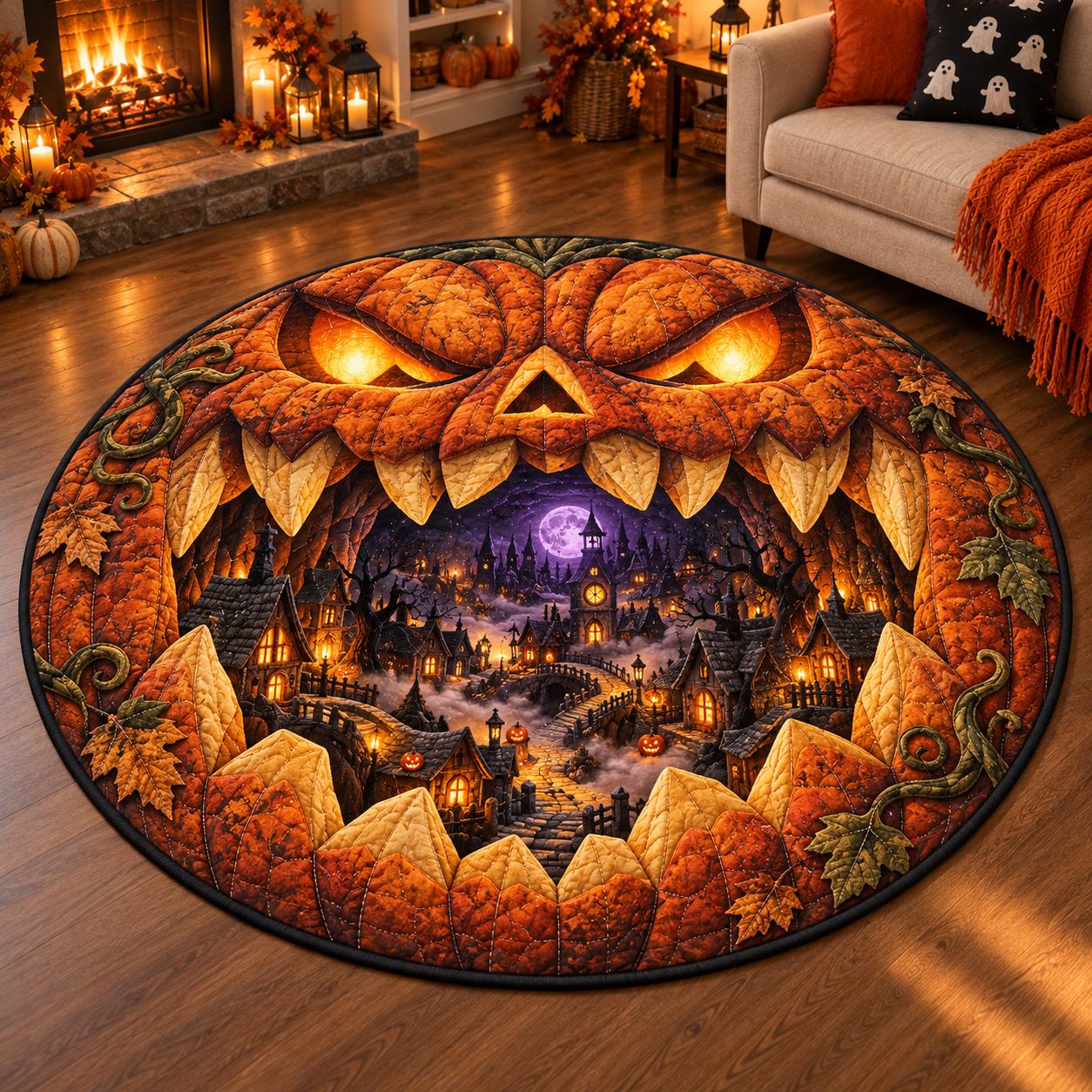 Spooky Haunted Village Halloween Pumpkin 3D Illusion Round Rug – Quilted Style Fall Floor Mat Area Rug Home Decor Gift