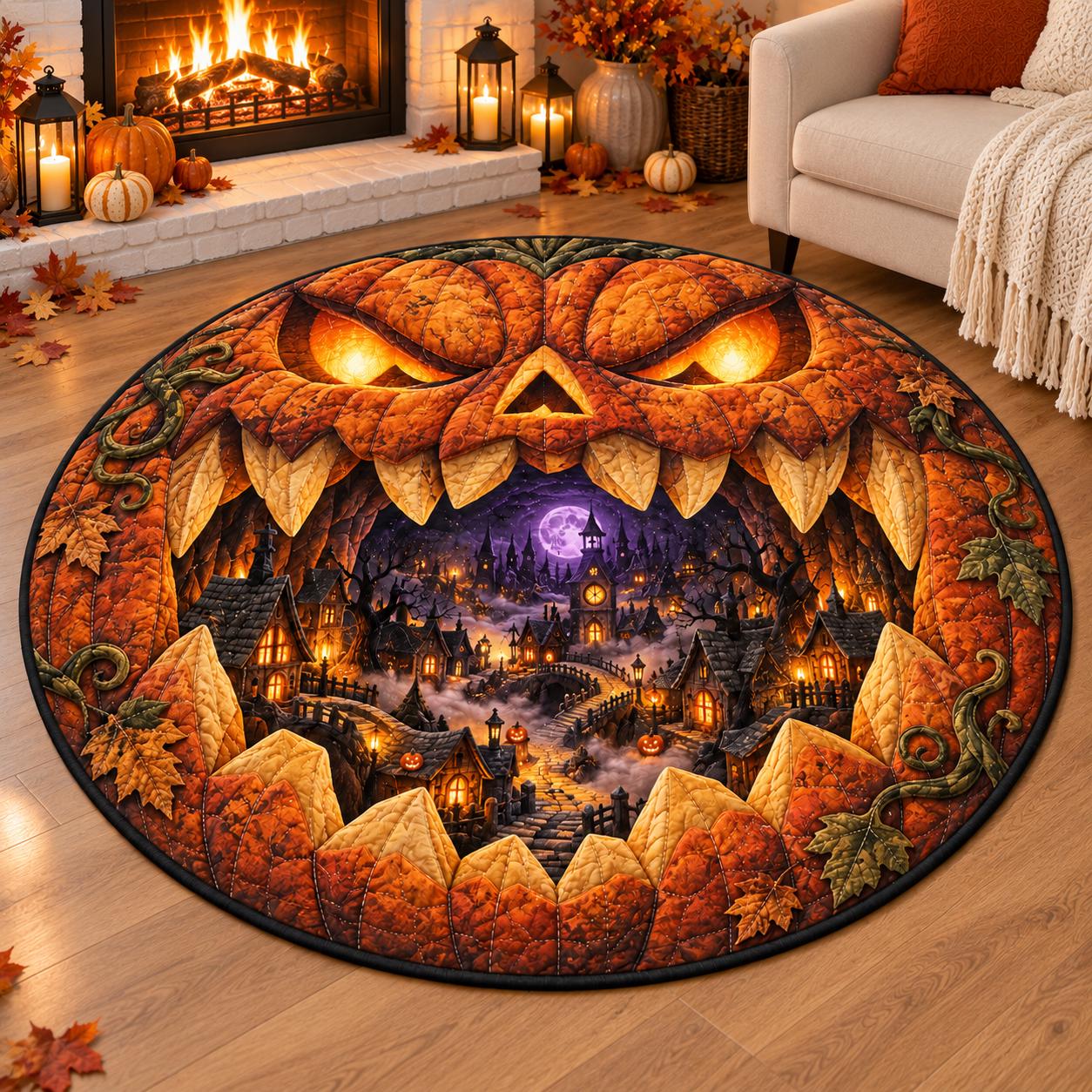Spooky Haunted Village Halloween Pumpkin 3D Illusion Round Rug – Quilted Style Fall Floor Mat Area Rug Home Decor Gift - photo 2