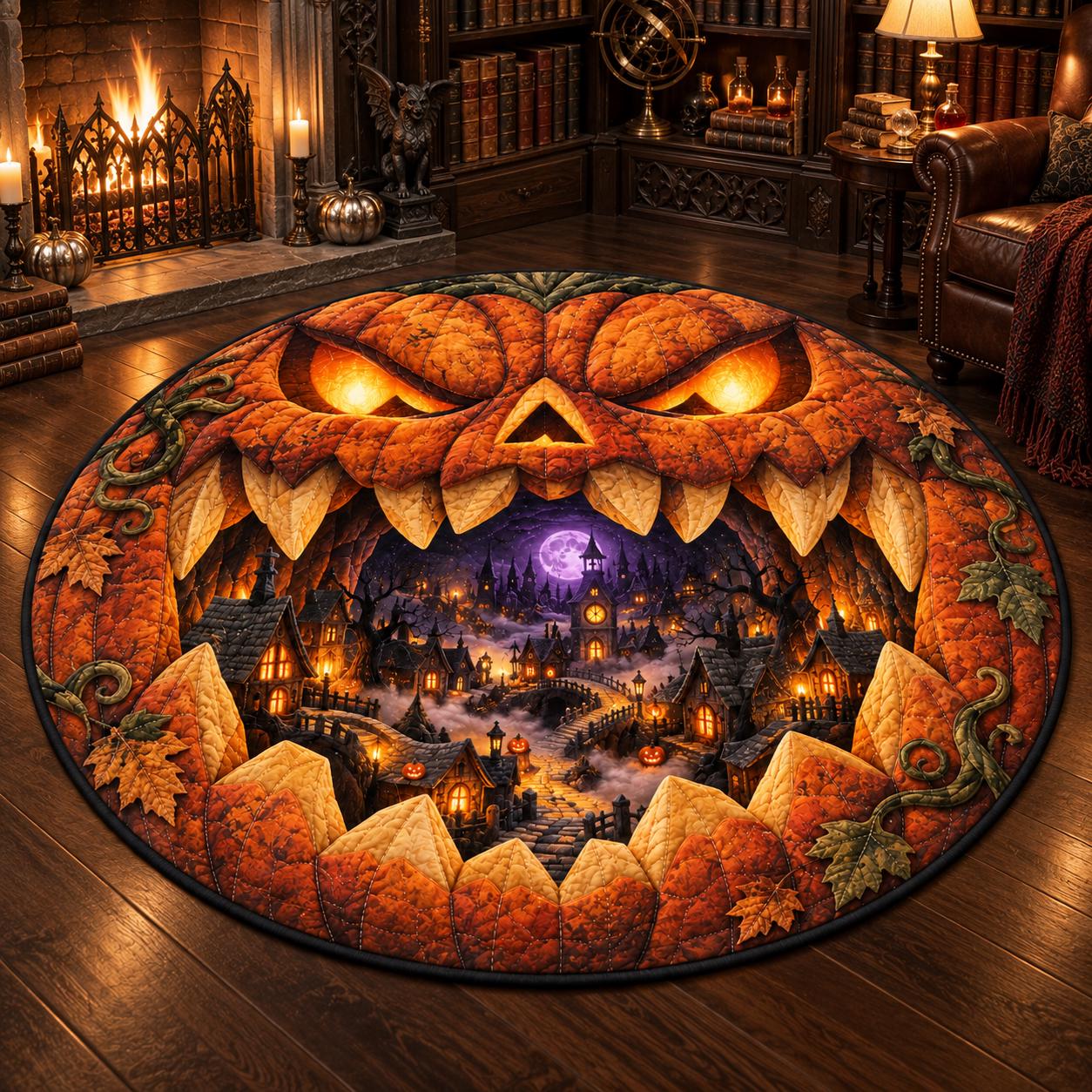 Spooky Haunted Village Halloween Pumpkin 3D Illusion Round Rug – Quilted Style Fall Floor Mat Area Rug Home Decor Gift - photo 4