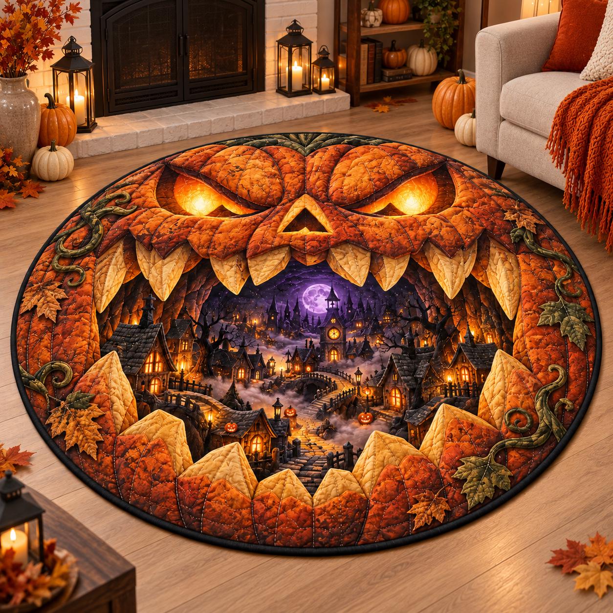 Spooky Haunted Village Halloween Pumpkin 3D Illusion Round Rug – Quilted Style Fall Floor Mat Area Rug Home Decor Gift - photo 5