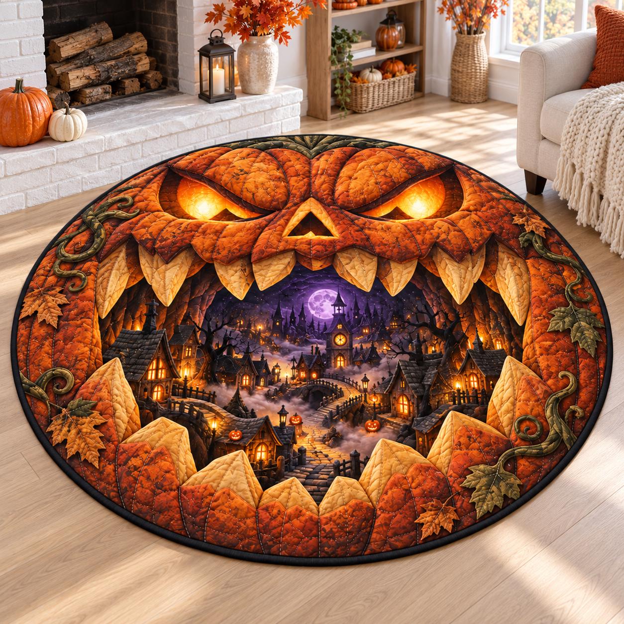Spooky Haunted Village Halloween Pumpkin 3D Illusion Round Rug – Quilted Style Fall Floor Mat Area Rug Home Decor Gift - photo 6
