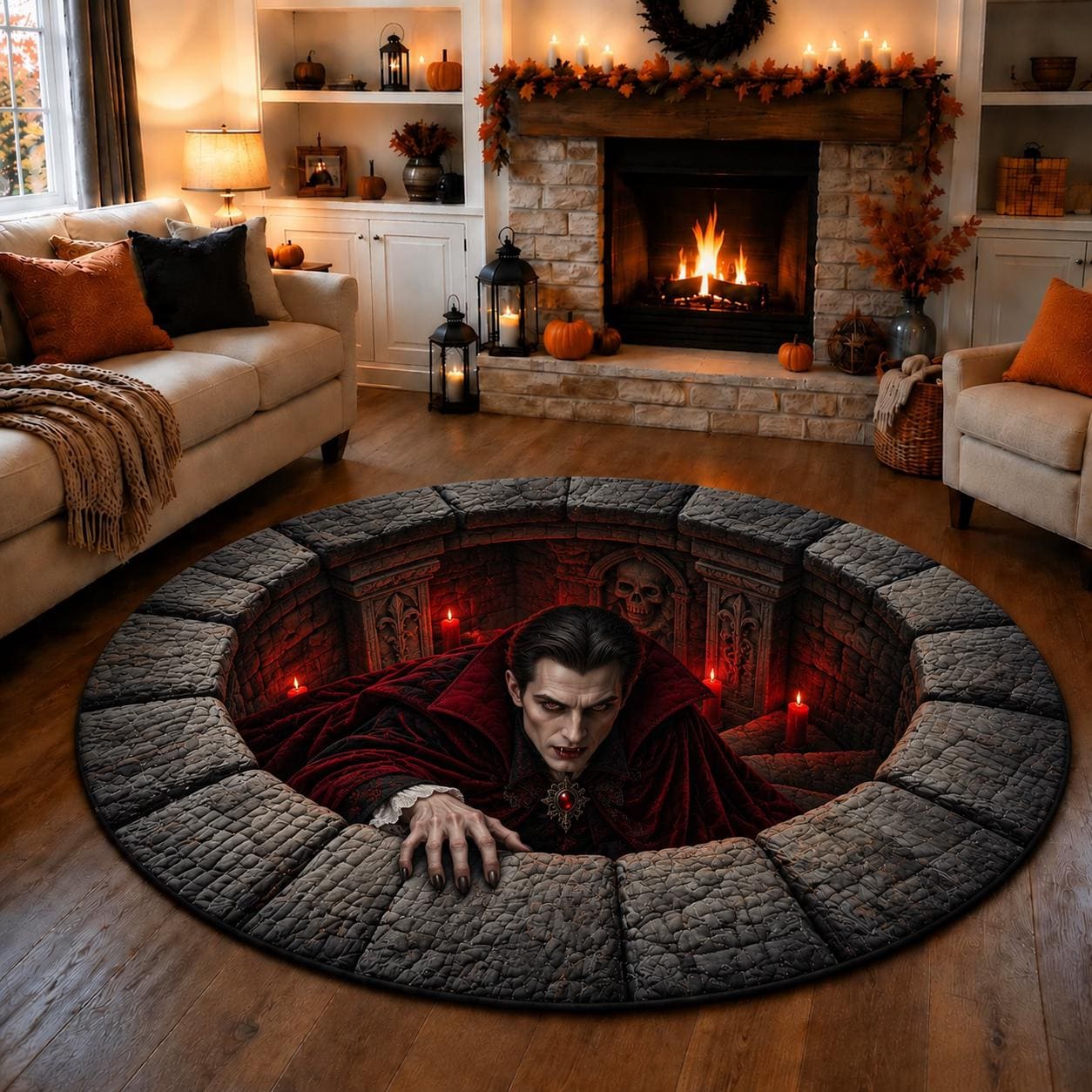 Spooky Gothic Dracula Vampire 3D Illusion Round Rug for Halloween – Quilted Crypt Hole Floor Mat Home Decor
