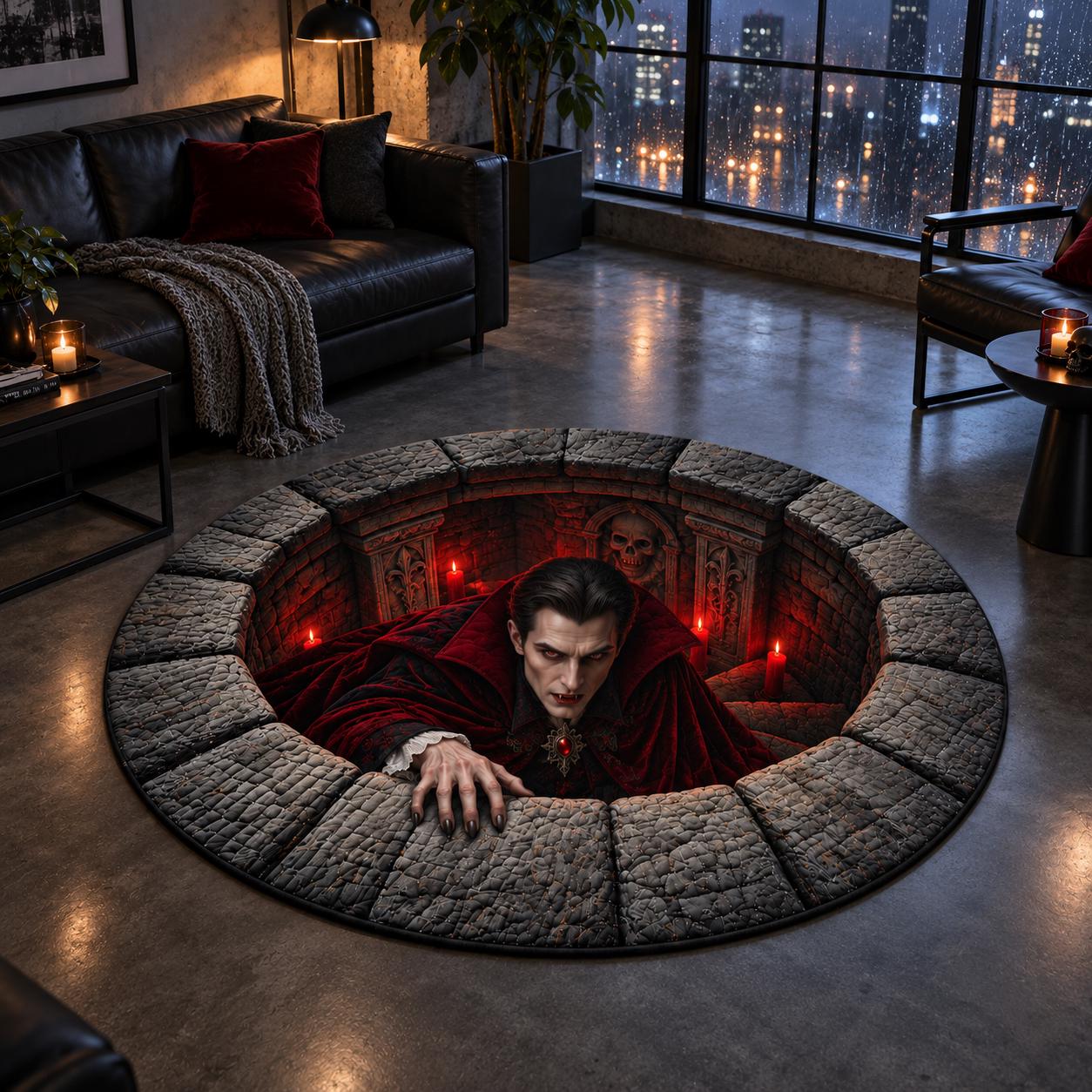 Spooky Gothic Dracula Vampire 3D Illusion Round Rug for Halloween – Quilted Crypt Hole Floor Mat Home Decor - photo 2