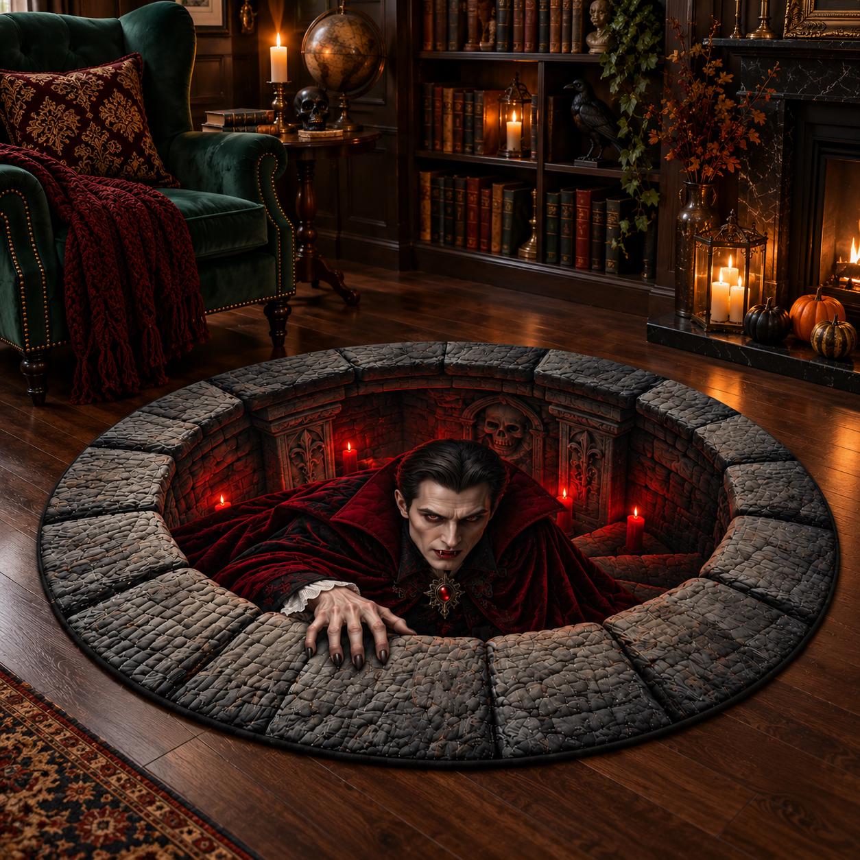 Spooky Gothic Dracula Vampire 3D Illusion Round Rug for Halloween – Quilted Crypt Hole Floor Mat Home Decor - photo 4