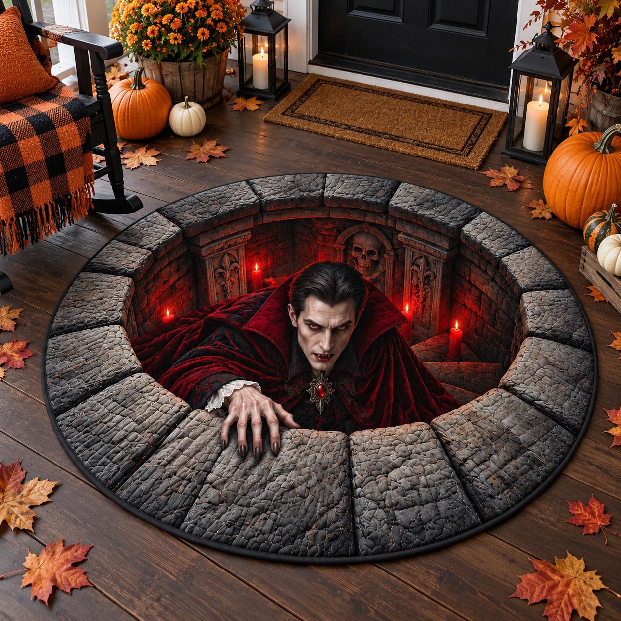 Spooky Gothic Dracula Vampire 3D Illusion Round Rug for Halloween – Quilted Crypt Hole Floor Mat Home Decor - photo 5
