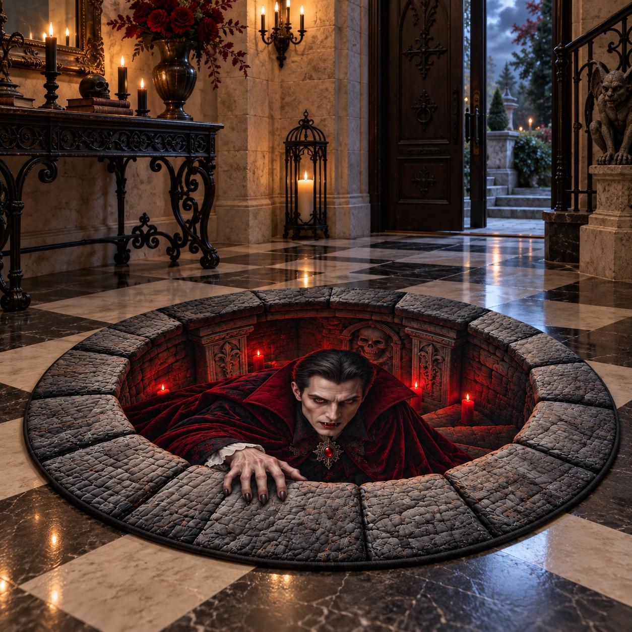 Spooky Gothic Dracula Vampire 3D Illusion Round Rug for Halloween – Quilted Crypt Hole Floor Mat Home Decor - photo 6
