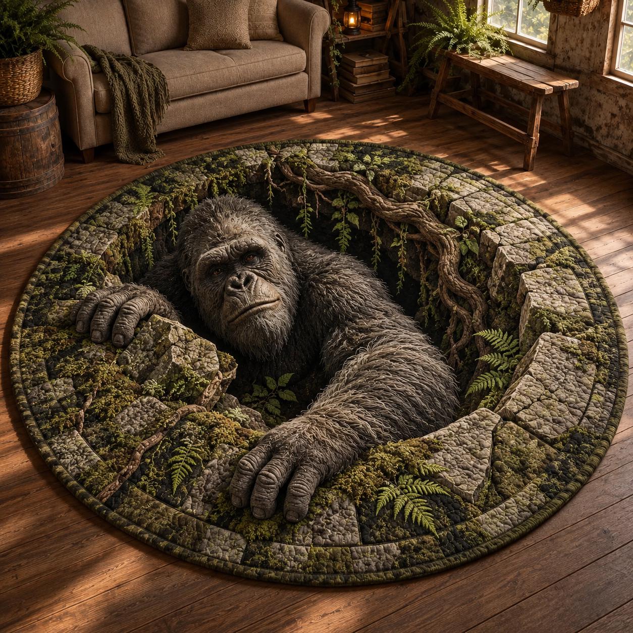 Fantasy Giant Ape Gorilla 3D Illusion Round Rug – Quilted Wildlife Jungle Hole Cave Floor Mat Animal Home Decor Gift