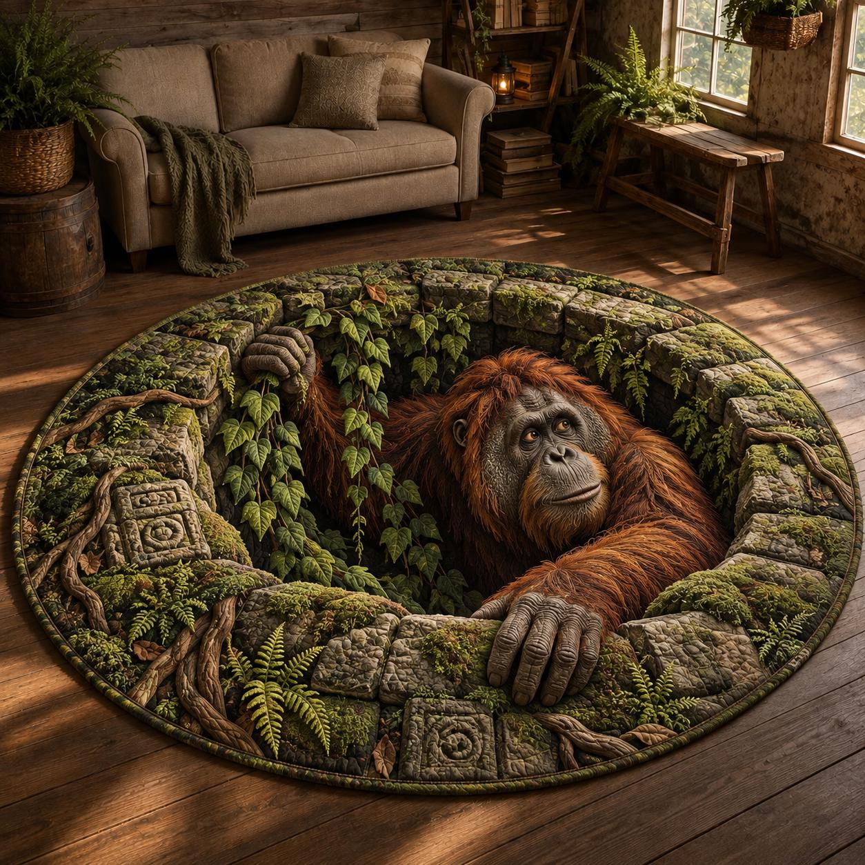 Fantasy Giant Ape Gorilla 3D Illusion Round Rug – Quilted Wildlife Jungle Hole Cave Floor Mat Animal Home Decor Gift - photo 2