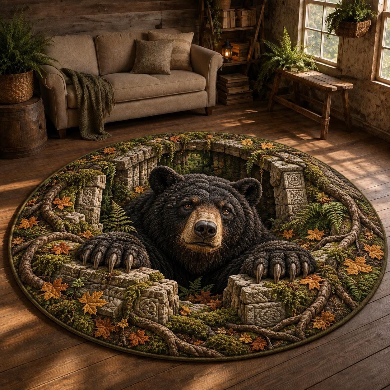 Fantasy Giant Ape Gorilla 3D Illusion Round Rug – Quilted Wildlife Jungle Hole Cave Floor Mat Animal Home Decor Gift - photo 5