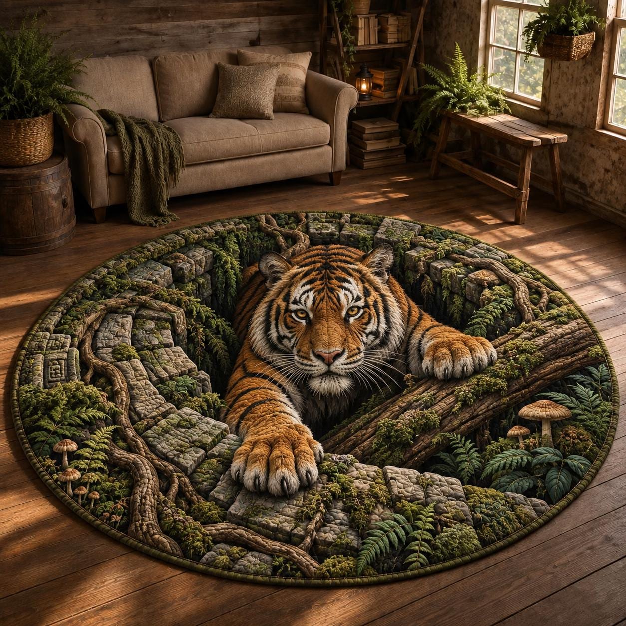 Fantasy Giant Ape Gorilla 3D Illusion Round Rug – Quilted Wildlife Jungle Hole Cave Floor Mat Animal Home Decor Gift - photo 6