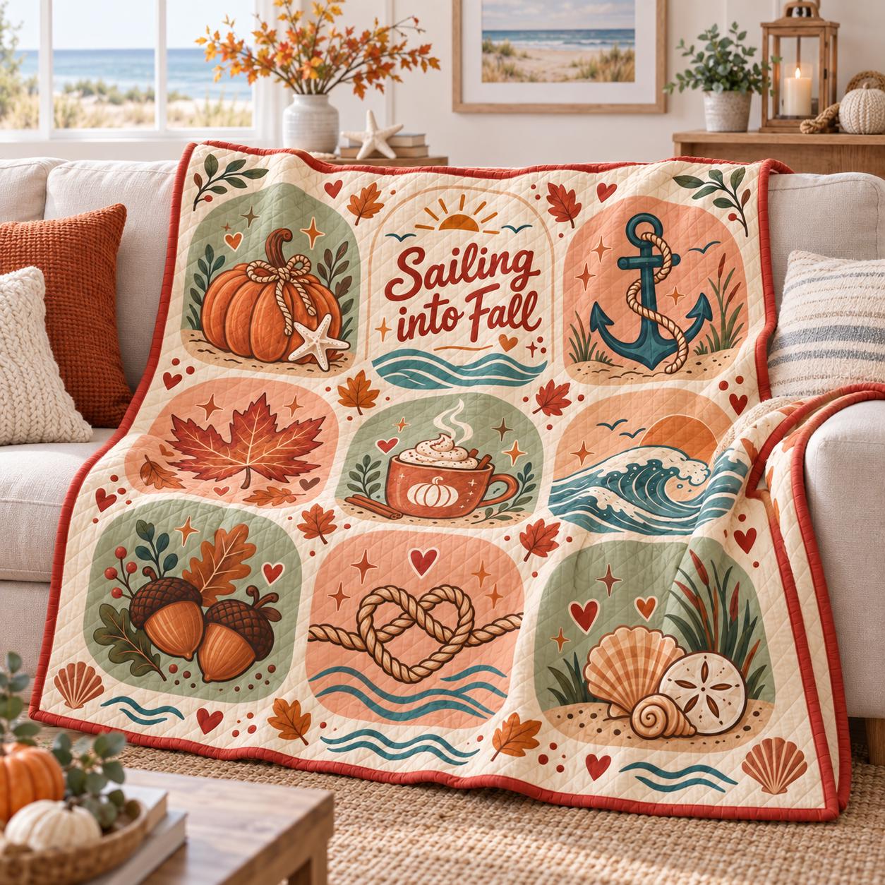 Sailing Into Fall Nautical Coastal Ocean Blanket – Quilt Style Autumn Pumpkin and Anchor Throw for Beach House Decor