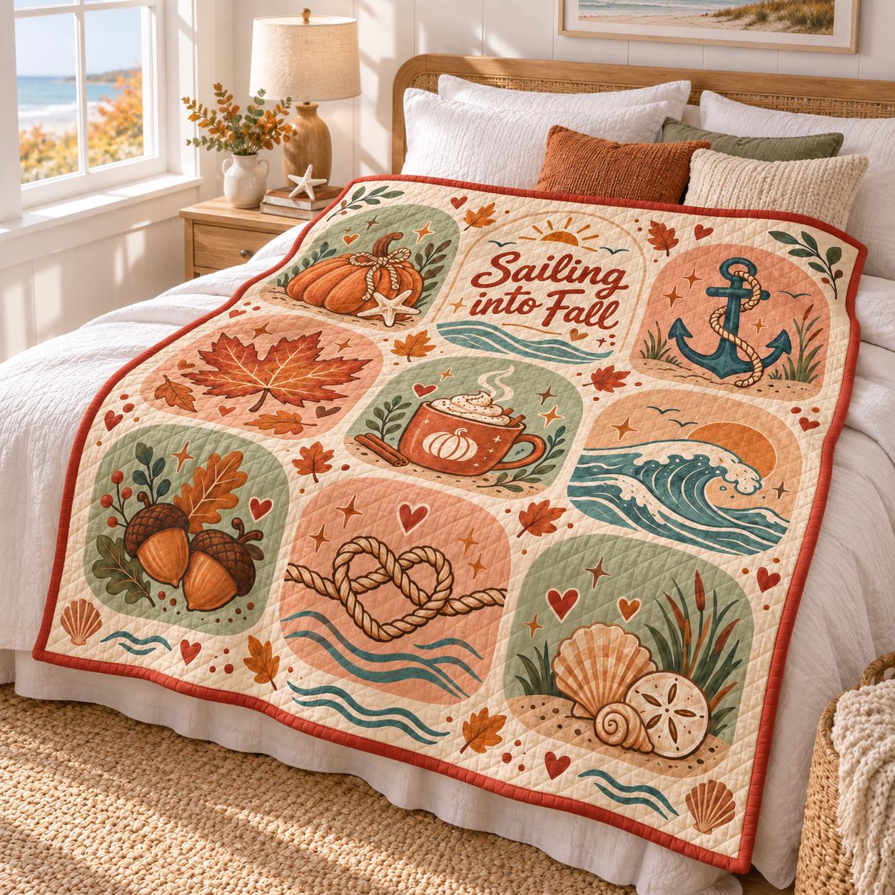 Sailing Into Fall Nautical Coastal Ocean Blanket – Quilt Style Autumn Pumpkin and Anchor Throw for Beach House Decor - photo 2
