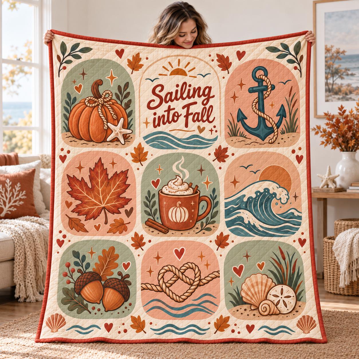 Sailing Into Fall Nautical Coastal Ocean Blanket – Quilt Style Autumn Pumpkin and Anchor Throw for Beach House Decor - photo 3