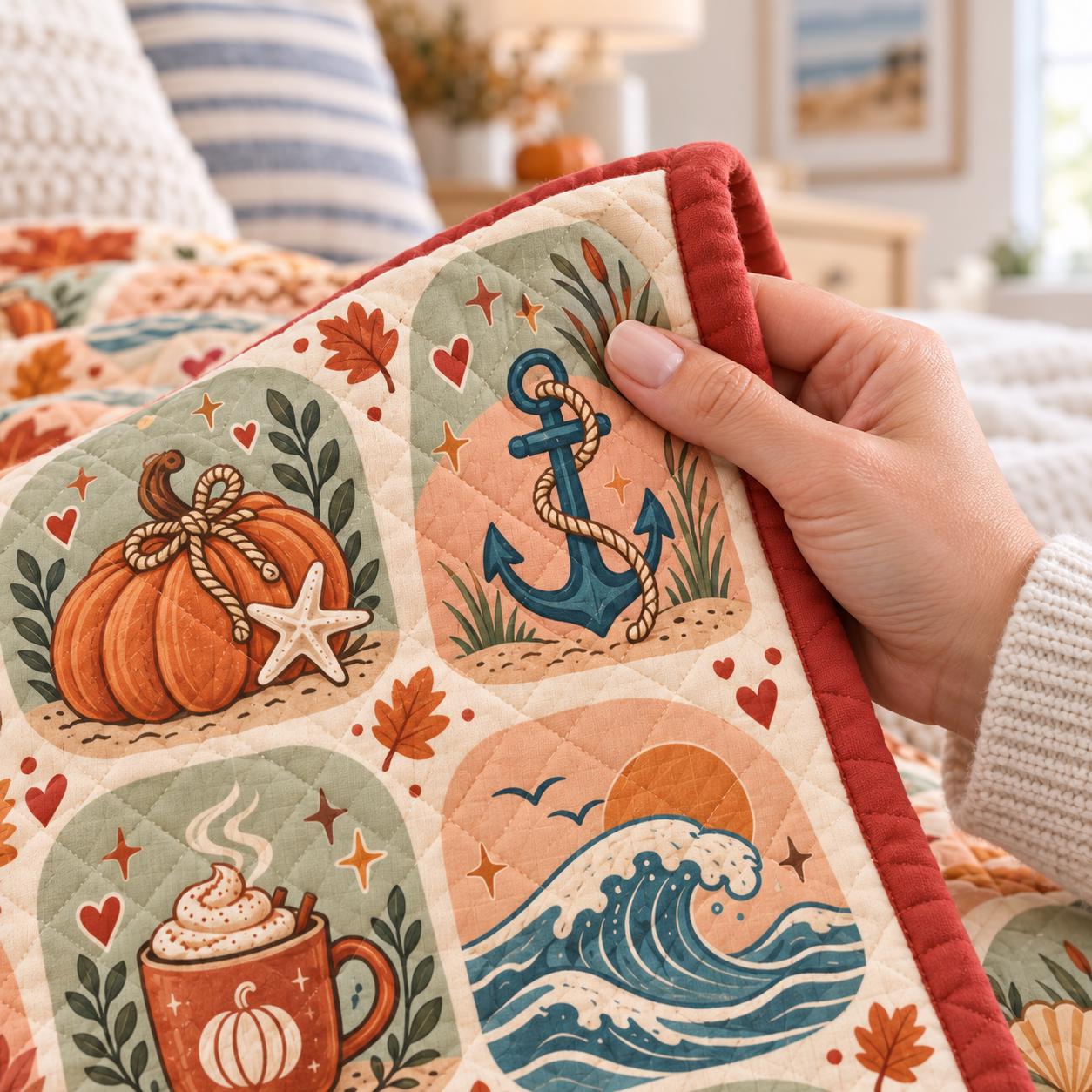 Sailing Into Fall Nautical Coastal Ocean Blanket – Quilt Style Autumn Pumpkin and Anchor Throw for Beach House Decor - photo 4