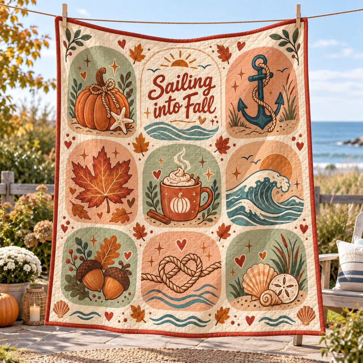 Sailing Into Fall Nautical Coastal Ocean Blanket – Quilt Style Autumn Pumpkin and Anchor Throw for Beach House Decor - photo 7