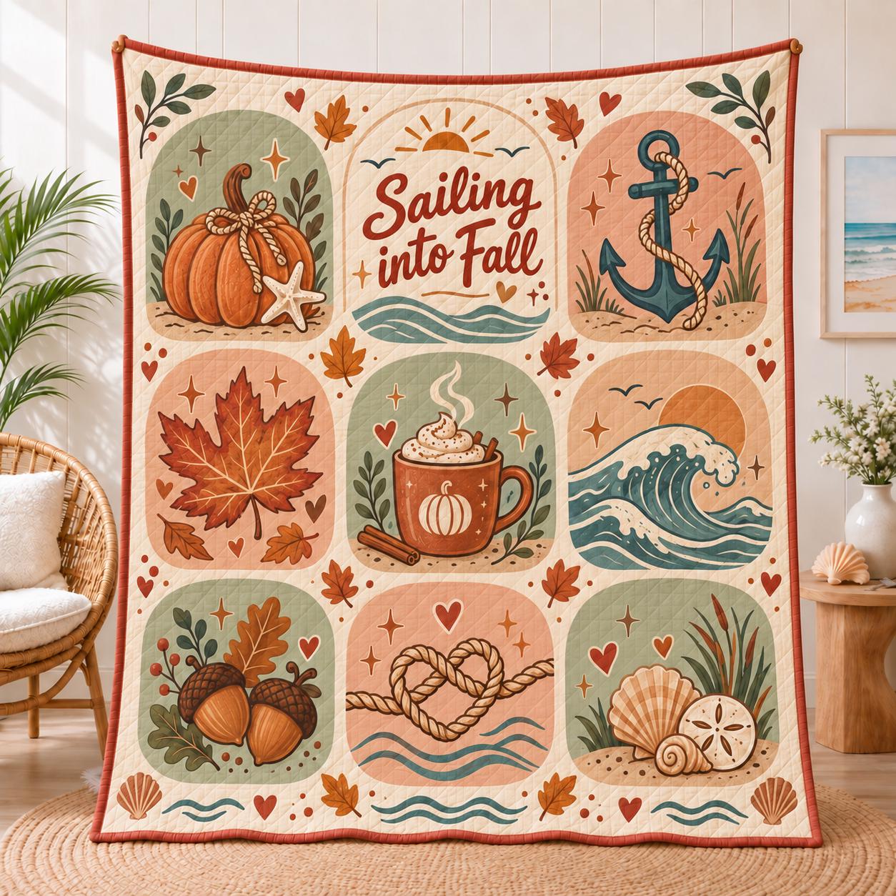 Sailing Into Fall Nautical Coastal Ocean Blanket – Quilt Style Autumn Pumpkin and Anchor Throw for Beach House Decor - photo 8