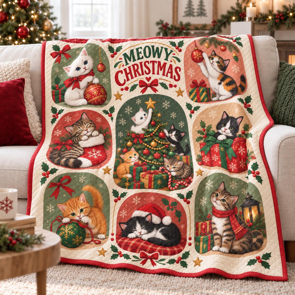 Cute Meowy Christmas Kitty Cat Blanket – Quilt Style Holiday Throw Home Decor Gift for Cat Lover
