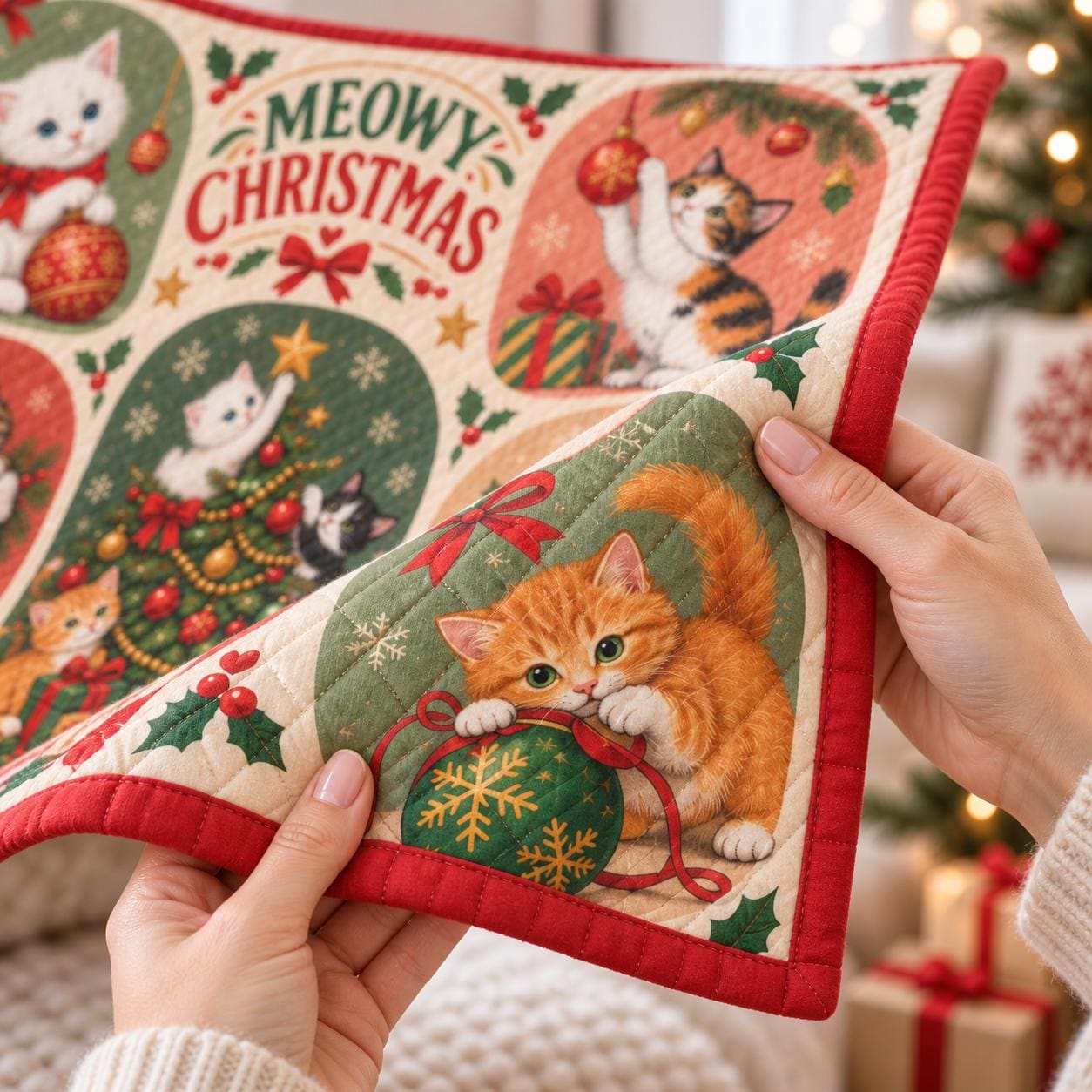 Cute Meowy Christmas Kitty Cat Blanket – Quilt Style Holiday Throw Home Decor Gift for Cat Lover - photo 2
