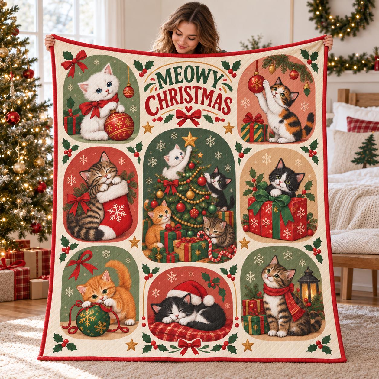 Cute Meowy Christmas Kitty Cat Blanket – Quilt Style Holiday Throw Home Decor Gift for Cat Lover - photo 3