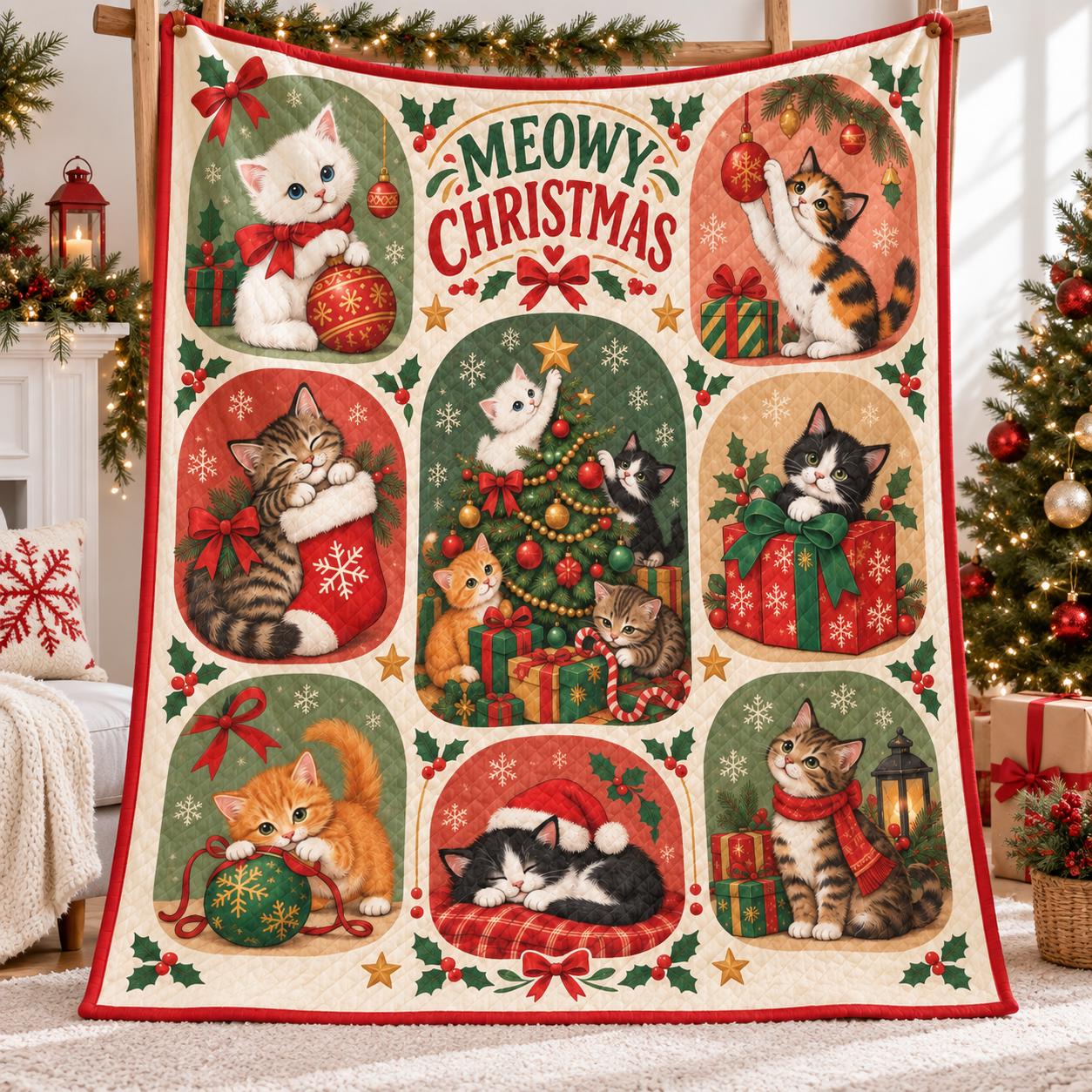 Cute Meowy Christmas Kitty Cat Blanket – Quilt Style Holiday Throw Home Decor Gift for Cat Lover - photo 6