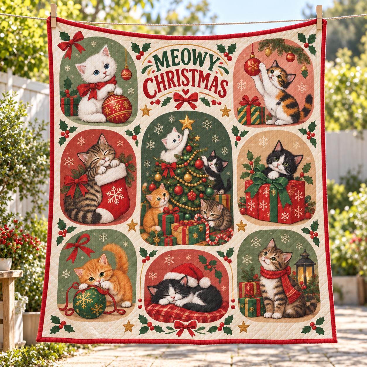 Cute Meowy Christmas Kitty Cat Blanket – Quilt Style Holiday Throw Home Decor Gift for Cat Lover - photo 7