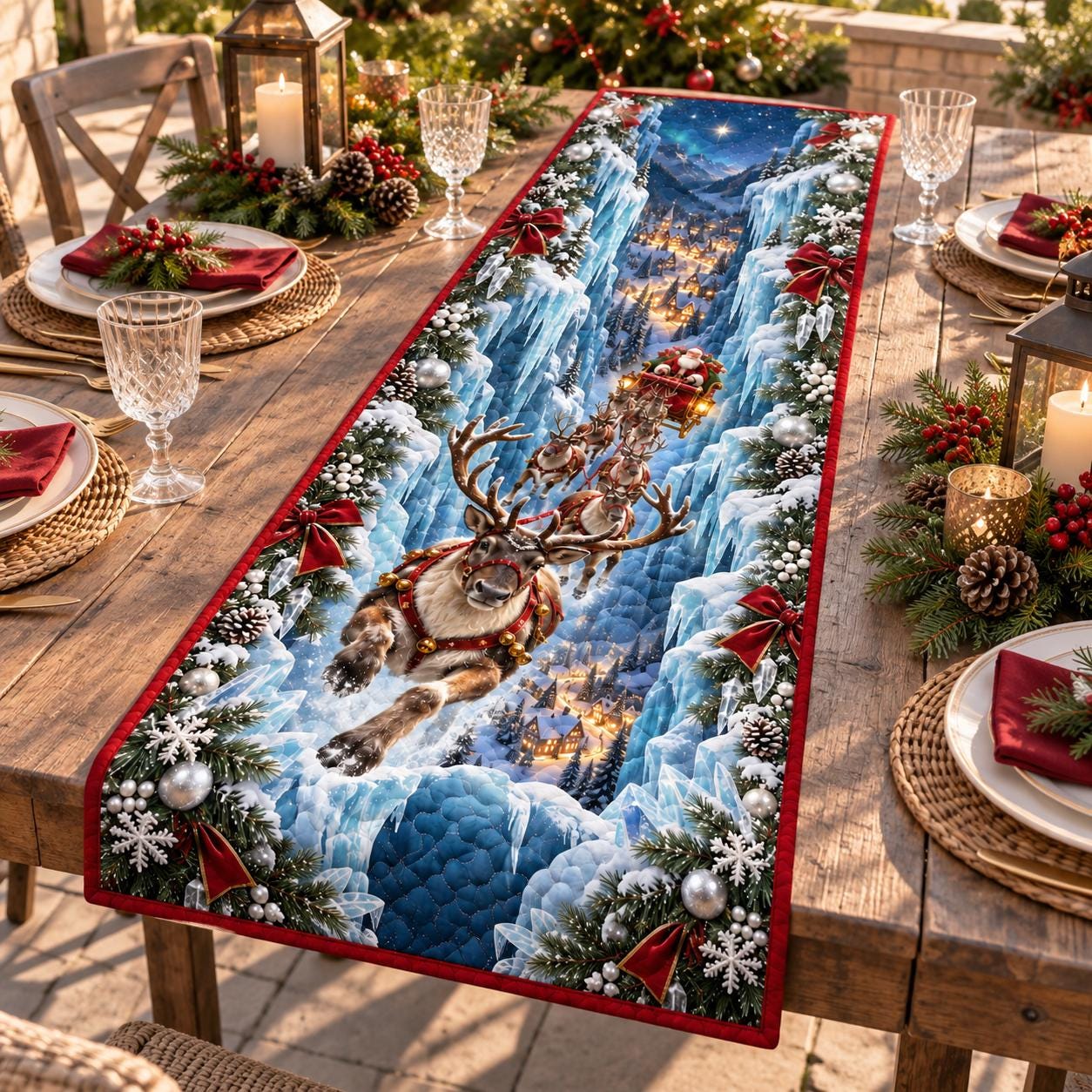Santa Reindeer Christmas Table Runner – 3D Illusion Icy Village Quilted Flying Sleigh Holiday Dining Decor